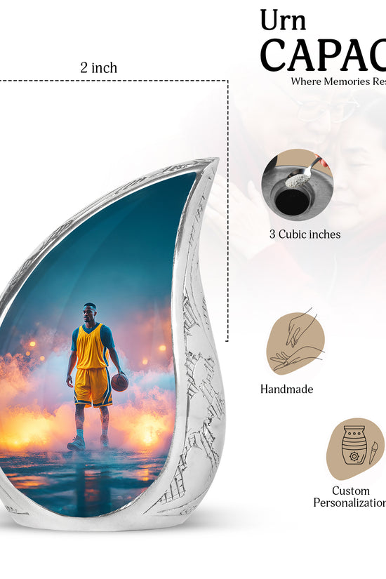 Cool Teal Basketball Cremation Urn angled view of lid and engraved motif - rounded teardrop basketball design with delicate detail - mini keepsake memorial for portion of cremation ashes