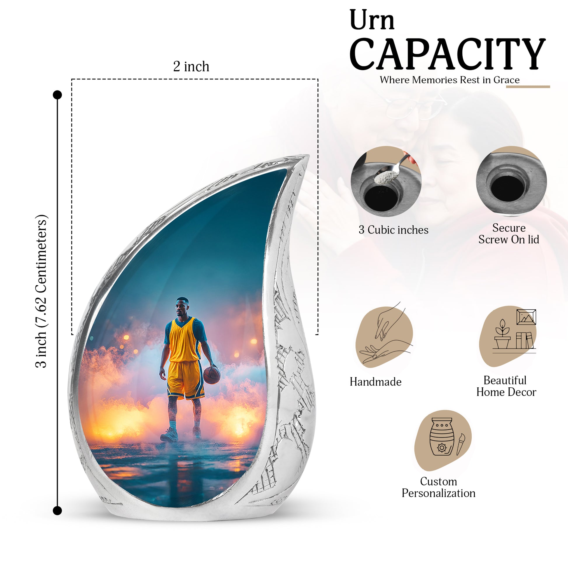 Cool Teal Basketball Cremation Urn angled view of lid and engraved motif - rounded teardrop basketball design with delicate detail - mini keepsake memorial for portion of cremation ashes