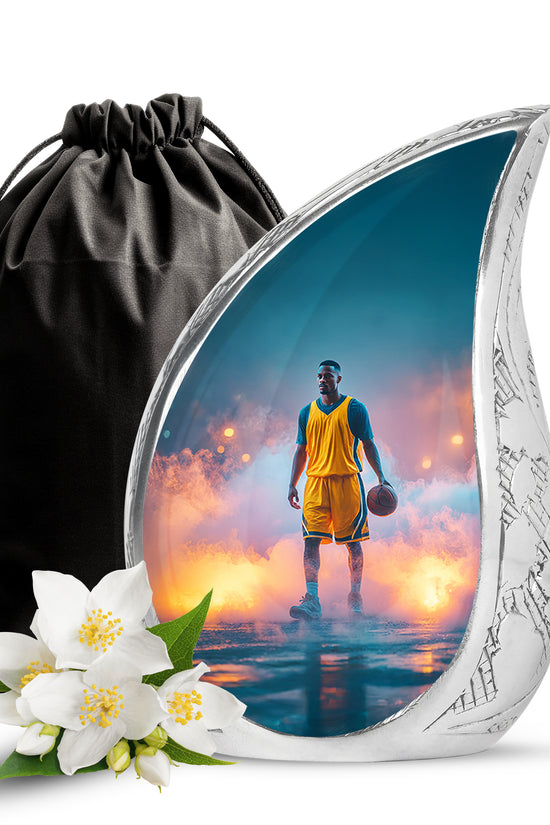 Vivid Teal Basketball Cremation Urn front view showing detailed design - graceful tear-shaped urn with basketball motif - full-size 10 inch 200 cubic inch adult cremation urn