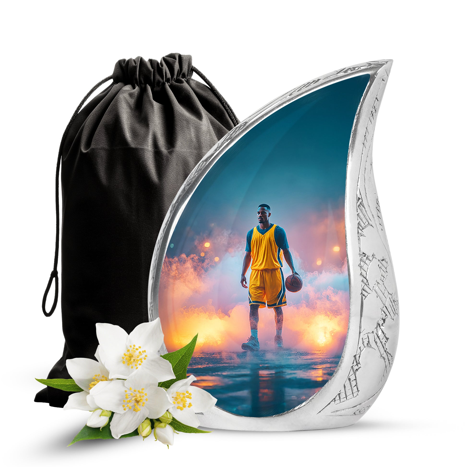 Vivid Teal Basketball Cremation Urn front view showing detailed design - graceful tear-shaped urn with basketball motif - full-size 10 inch 200 cubic inch adult cremation urn