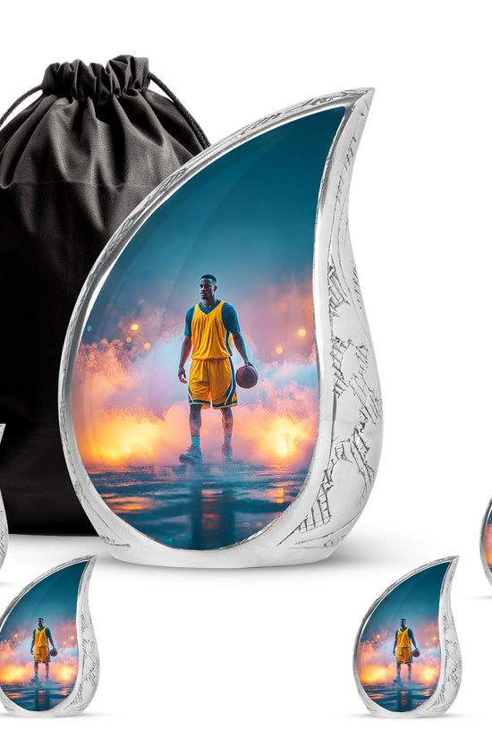 Mystic Teal Basketball Cremation Urn side profile showing urn shape - smooth teardrop contour featuring basketball art - memorial set with one large and four small urns