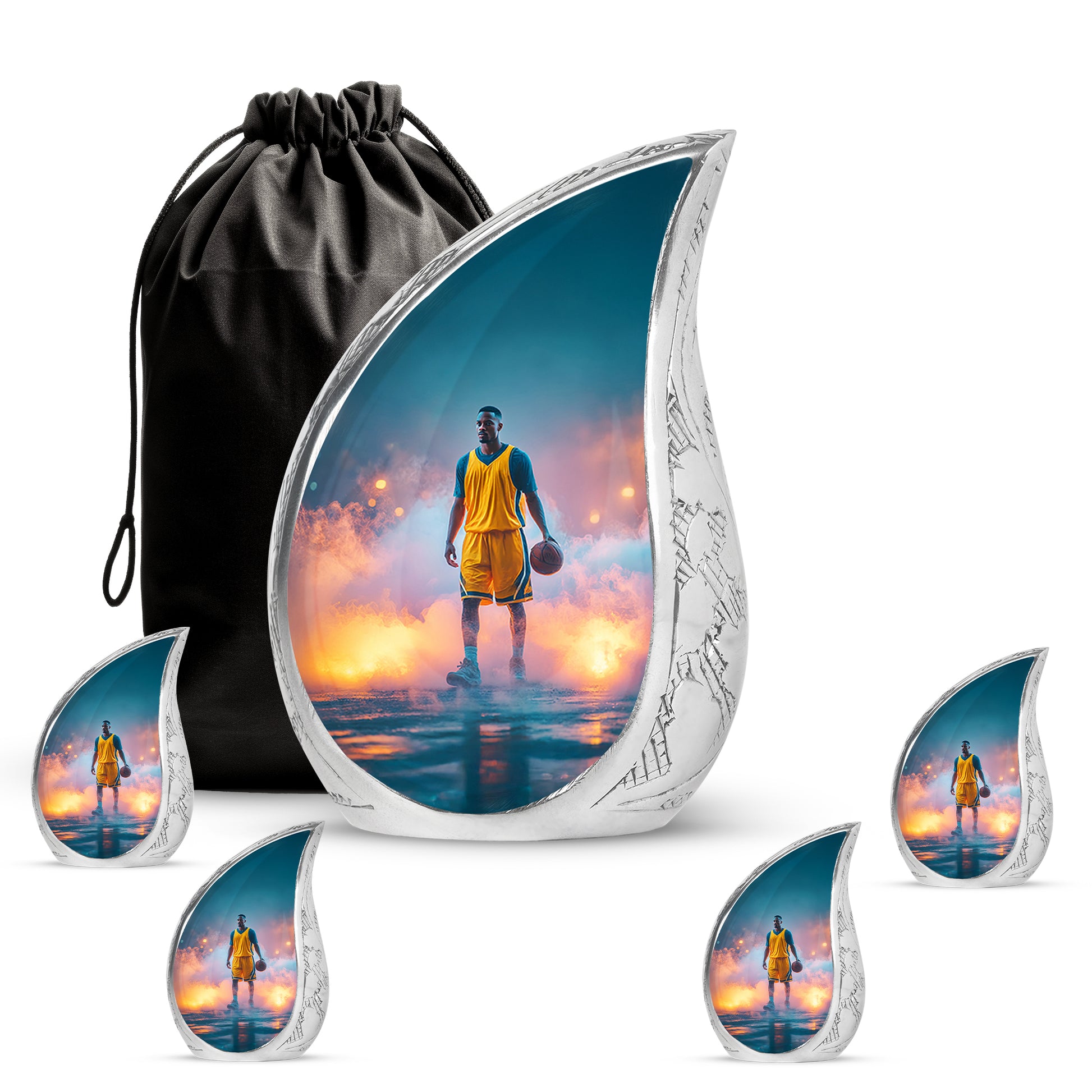Mystic Teal Basketball Cremation Urn side profile showing urn shape - smooth teardrop contour featuring basketball art - memorial set with one large and four small urns
