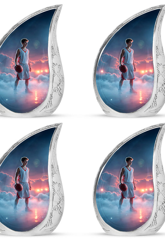 Azure Basketball Cremation Urn close-up of engraving and surface detail - rounded teardrop basketball design with delicate detail - 10 inch aluminum urn for cremated remains