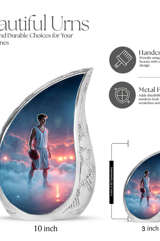 Serene Blue Basketball Cremation Urn angled view of lid and engraved motif - smooth teardrop contour featuring basketball art - mini keepsake memorial for portion of cremation ashes