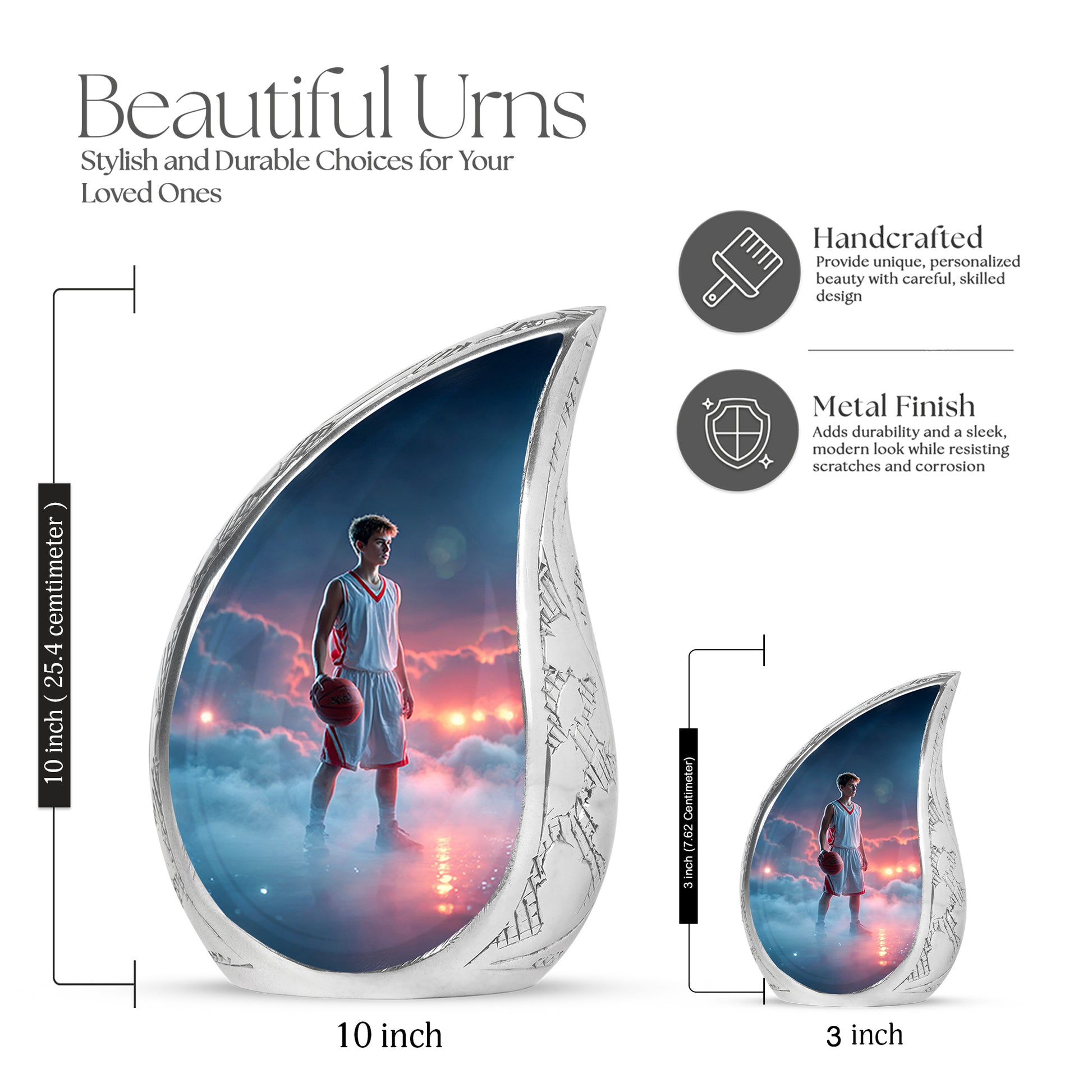 Serene Blue Basketball Cremation Urn angled view of lid and engraved motif - smooth teardrop contour featuring basketball art - mini keepsake memorial for portion of cremation ashes