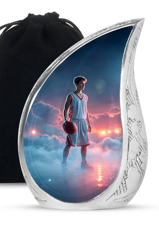 Calming Blue Basketball Cremation Urn front view showing detailed design - smooth teardrop contour featuring basketball art - full-size 10 inch 200 cubic inch adult cremation urn