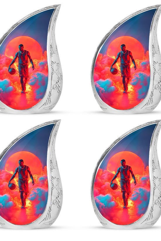 Serene Blue Basketball Cremation Urn close-up of engraving and surface detail - smooth teardrop contour featuring basketball art - 10 inch aluminum urn for cremated remains