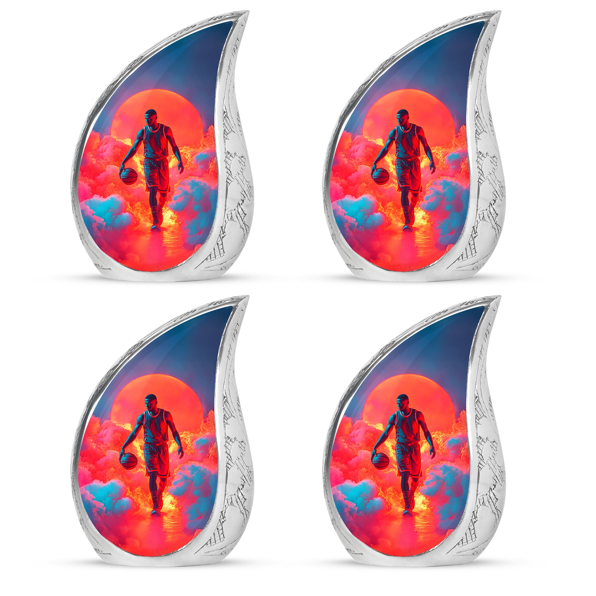Serene Blue Basketball Cremation Urn close-up of engraving and surface detail - smooth teardrop contour featuring basketball art - 10 inch aluminum urn for cremated remains