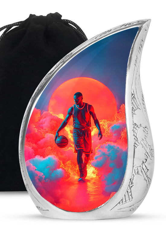 Twilight Blue Basketball Cremation Urn front view showing detailed design - smooth teardrop contour featuring basketball art - full-size 10 inch 200 cubic inch adult cremation urn