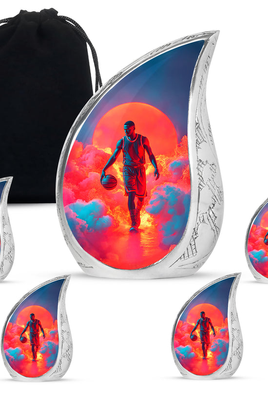 Cornflower Blue Basketball Cremation Urn side profile showing urn shape - smooth teardrop contour featuring basketball art - memorial set with one large and four small urns