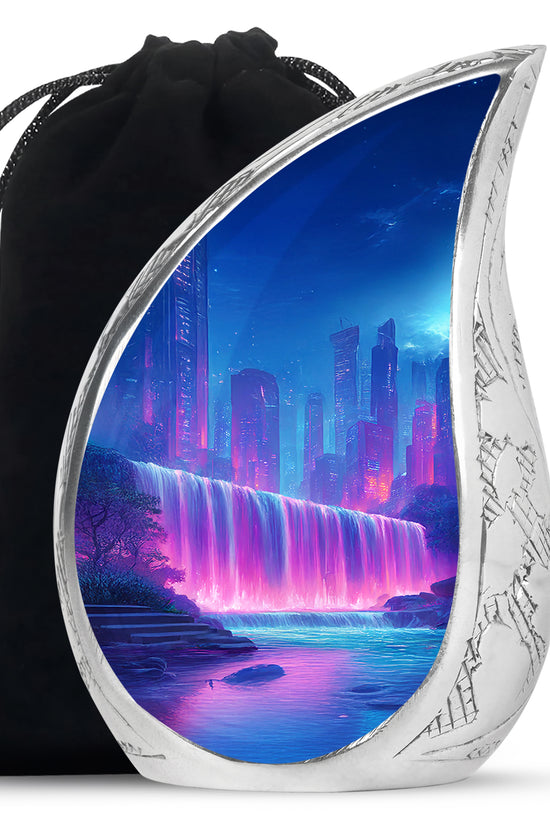 Neon Waterfall Funeral Urn For Ashes - City Memorial Urn For Burial