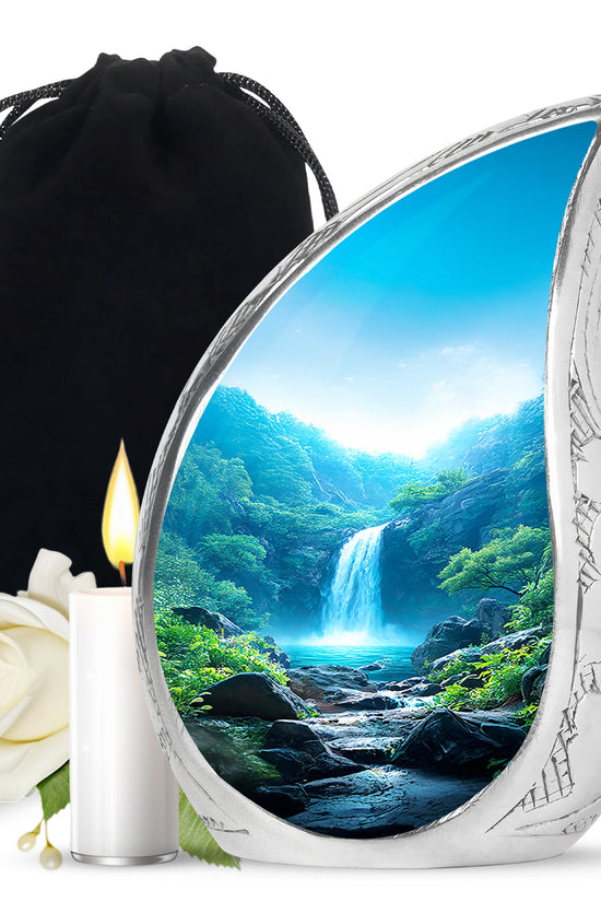 Scenic Waterfall Funeral Urn - Blue Aluminium Cremation Urn For Adult Ashes