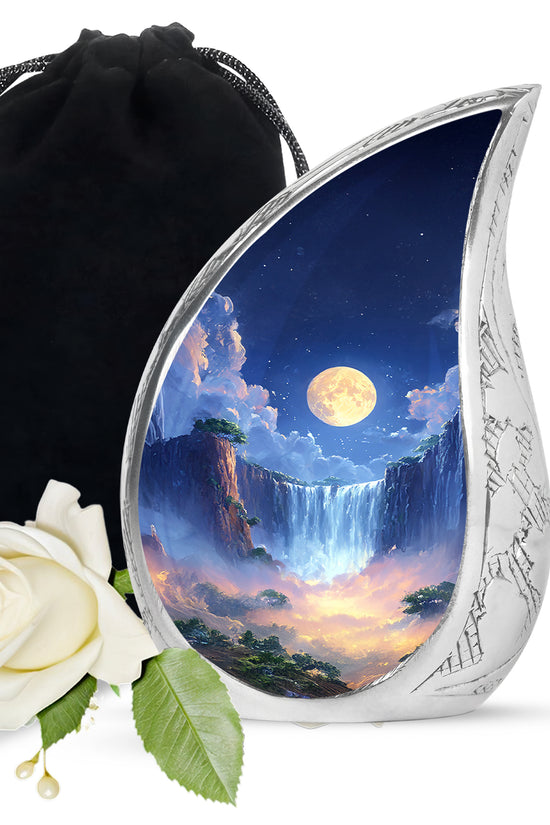 Beautiful Nature Theme Cremation Urn - Blue Aluminium Memorial Urn For Human Ashes