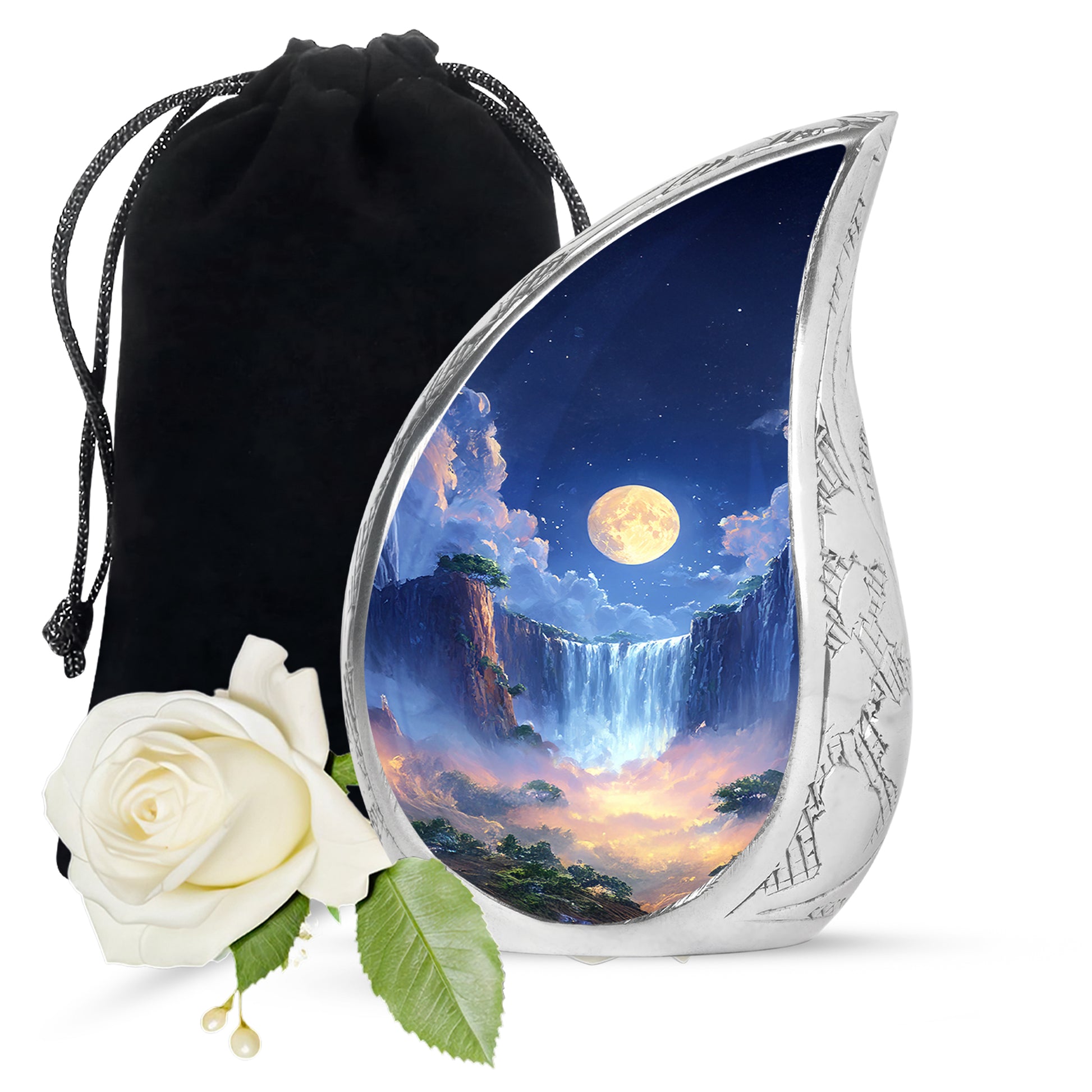 Beautiful Nature Theme Cremation Urn - Blue Aluminium Memorial Urn For Human Ashes