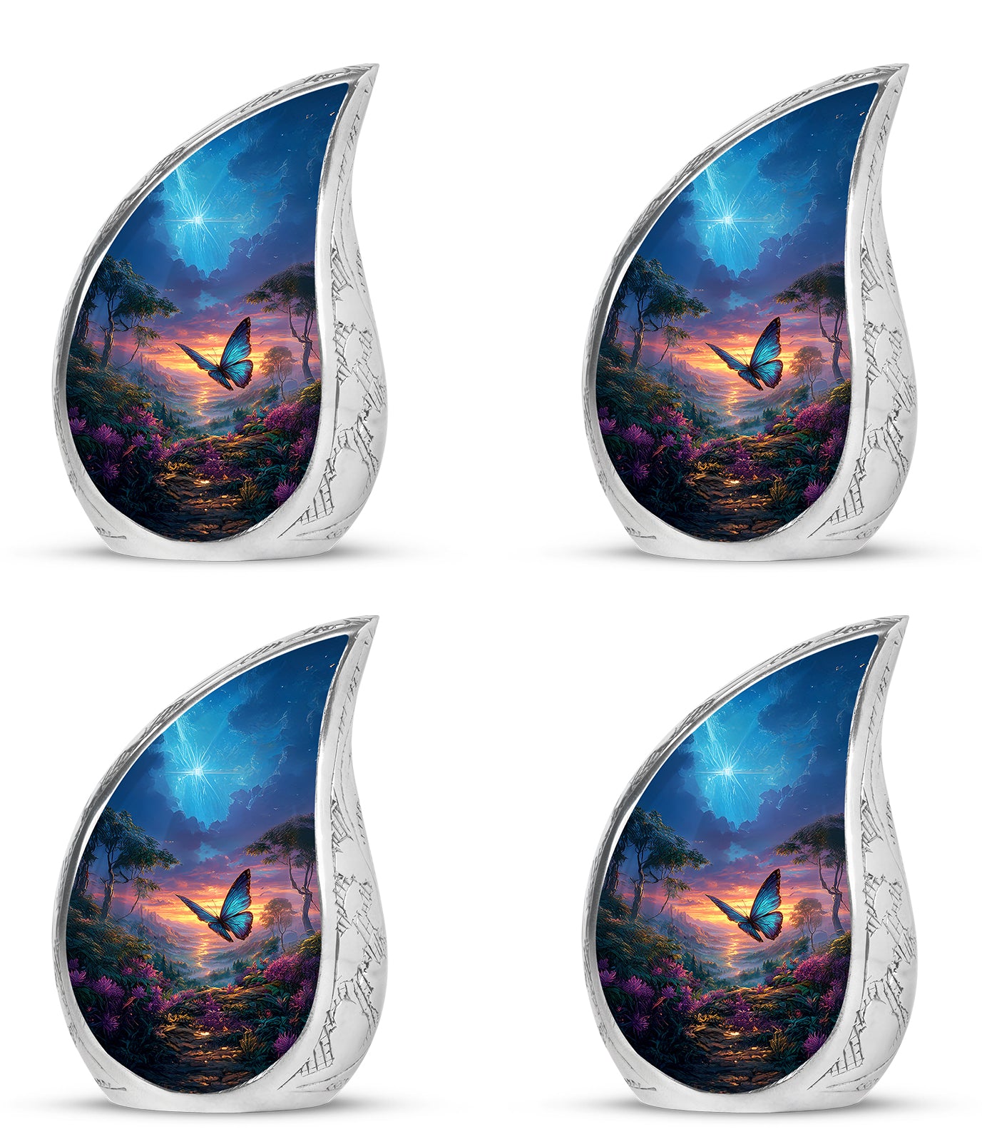 Navy Blue Butterfly Cremation Urn close-up of engraving and surface detail - rounded teardrop butterfly design with delicate detail - 10 inch aluminum urn for cremated remains