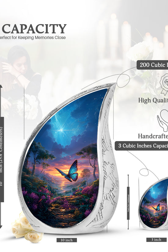 Indigo Butterfly Cremation Urn angled view of lid and engraved motif - rounded teardrop butterfly design with delicate detail - mini keepsake memorial for portion of cremation ashes