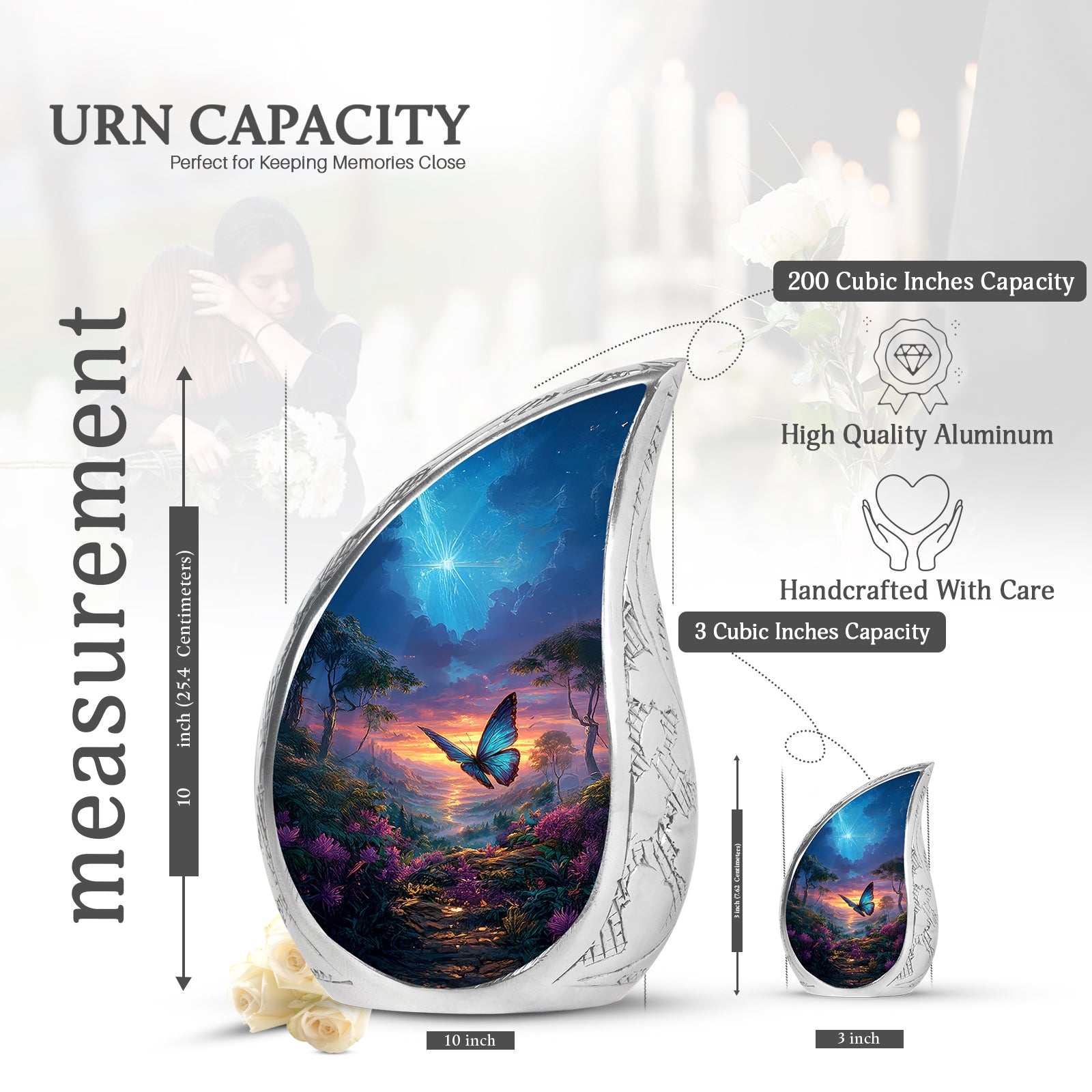 Indigo Butterfly Cremation Urn angled view of lid and engraved motif - rounded teardrop butterfly design with delicate detail - mini keepsake memorial for portion of cremation ashes