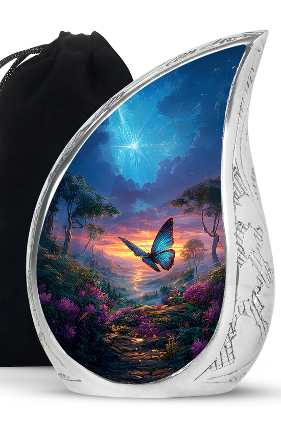 Powder Blue Butterfly Cremation Urn front view showing detailed design - rounded teardrop butterfly design with delicate detail - full-size 10 inch 200 cubic inch adult cremation urn