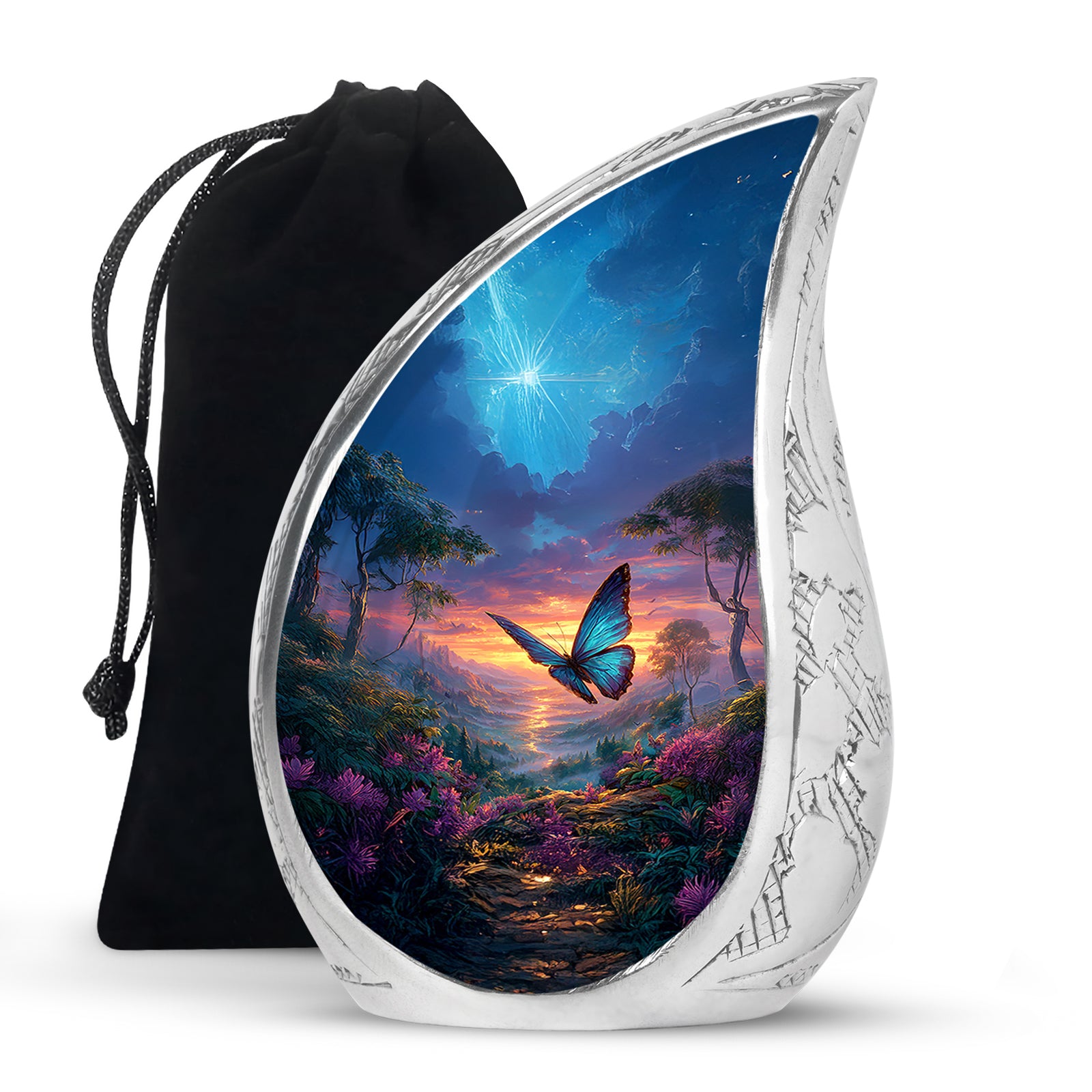Powder Blue Butterfly Cremation Urn front view showing detailed design - rounded teardrop butterfly design with delicate detail - full-size 10 inch 200 cubic inch adult cremation urn