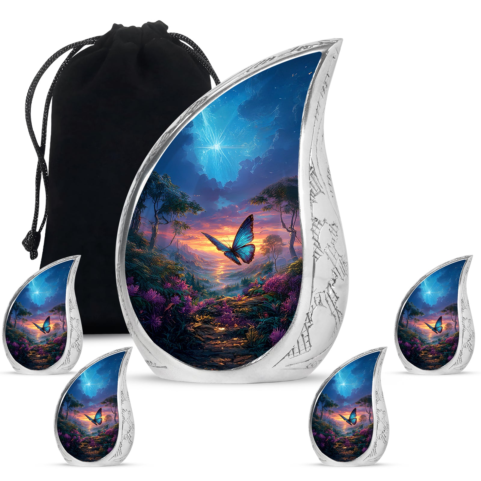 Dusty Blue Butterfly Cremation Urn side profile showing urn shape - flowing teardrop butterfly silhouette on curved aluminum - memorial set with one large and four small urns
