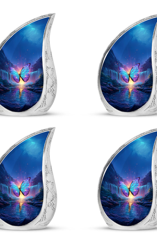 Misty Blue Butterfly Cremation Urn close-up of engraving and surface detail - flowing teardrop butterfly silhouette on curved aluminum - 10 inch aluminum urn for cremated remains