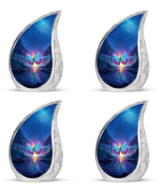 Misty Blue Butterfly Cremation Urn close-up of engraving and surface detail - flowing teardrop butterfly silhouette on curved aluminum - 10 inch aluminum urn for cremated remains