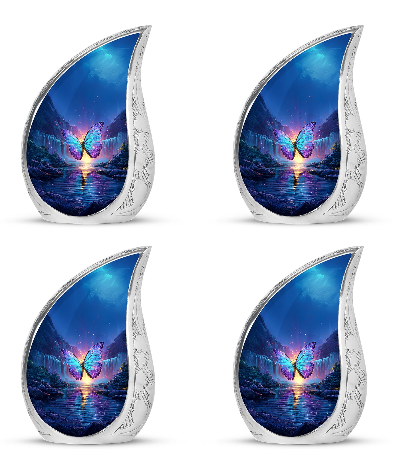 Misty Blue Butterfly Cremation Urn close-up of engraving and surface detail - flowing teardrop butterfly silhouette on curved aluminum - 10 inch aluminum urn for cremated remains