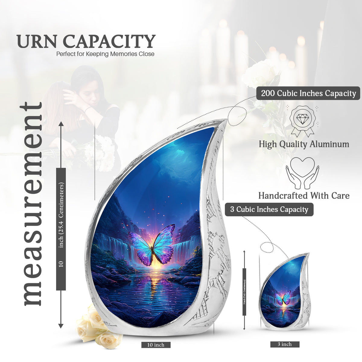 Icy Blue Butterfly Cremation Urn angled view of lid and engraved motif - rounded teardrop butterfly design with delicate detail - mini keepsake memorial for portion of cremation ashes