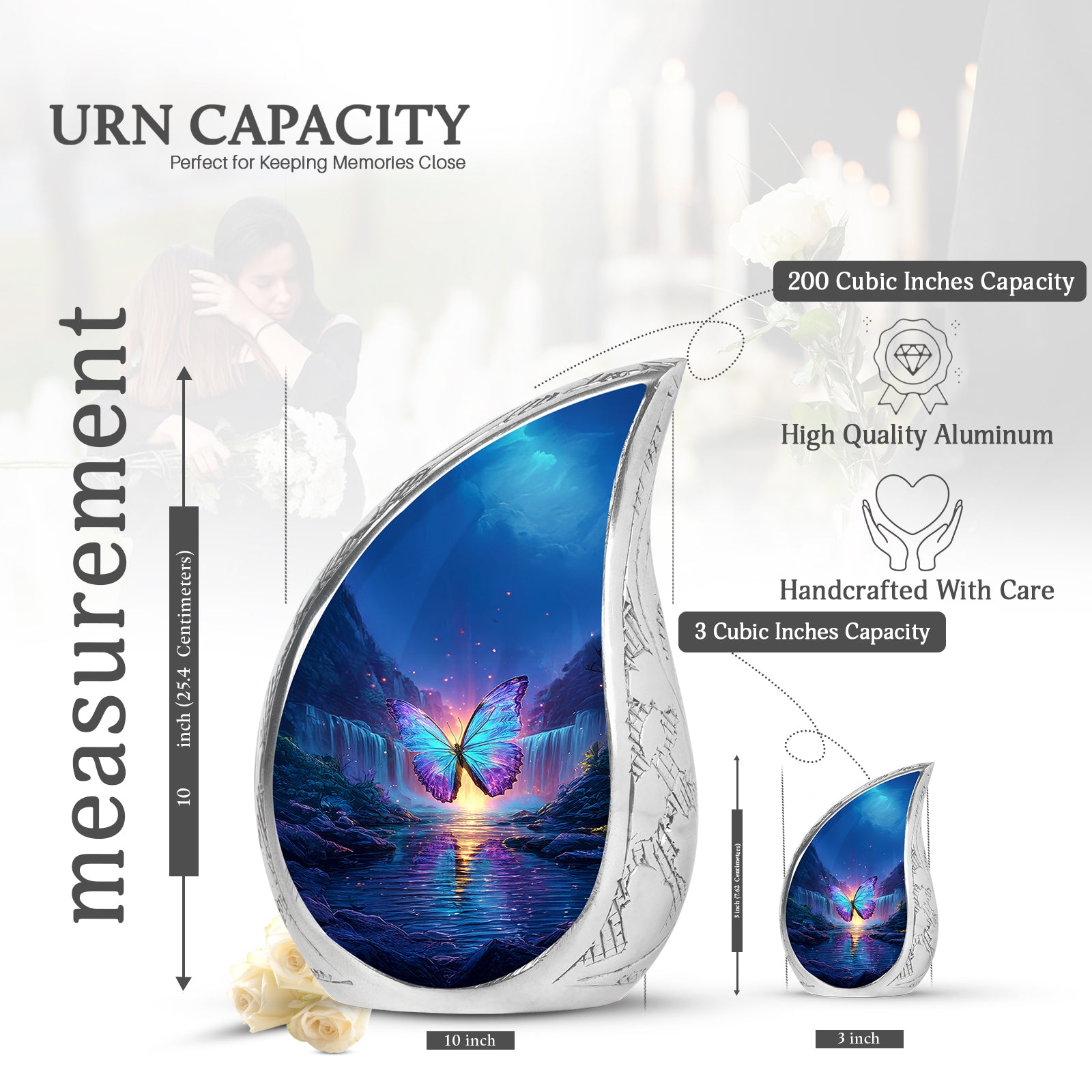 Icy Blue Butterfly Cremation Urn angled view of lid and engraved motif - rounded teardrop butterfly design with delicate detail - mini keepsake memorial for portion of cremation ashes