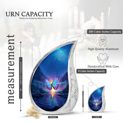 Icy Blue Butterfly Cremation Urn angled view of lid and engraved motif - rounded teardrop butterfly design with delicate detail - mini keepsake memorial for portion of cremation ashes