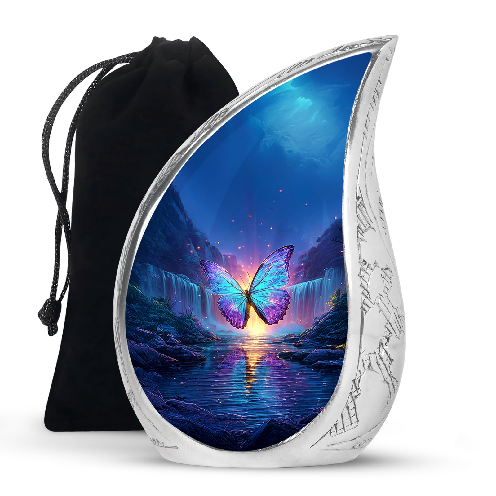 Indigo Butterfly Cremation Urn front view showing detailed design - flowing teardrop butterfly silhouette on curved aluminum - full-size 10 inch 200 cubic inch adult cremation urn