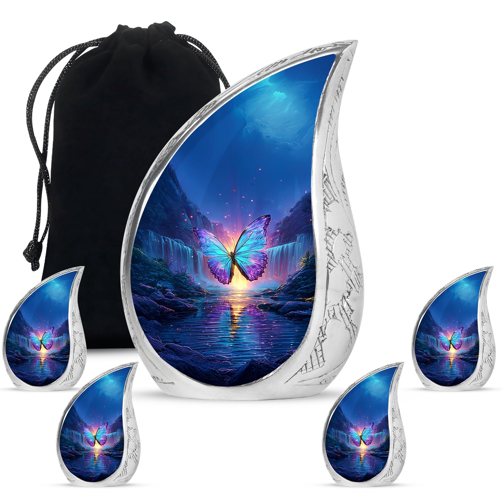 Sapphire Blue Butterfly Cremation Urn side profile showing urn shape - graceful tear-shaped urn with butterfly motif - memorial set with one large and four small urns