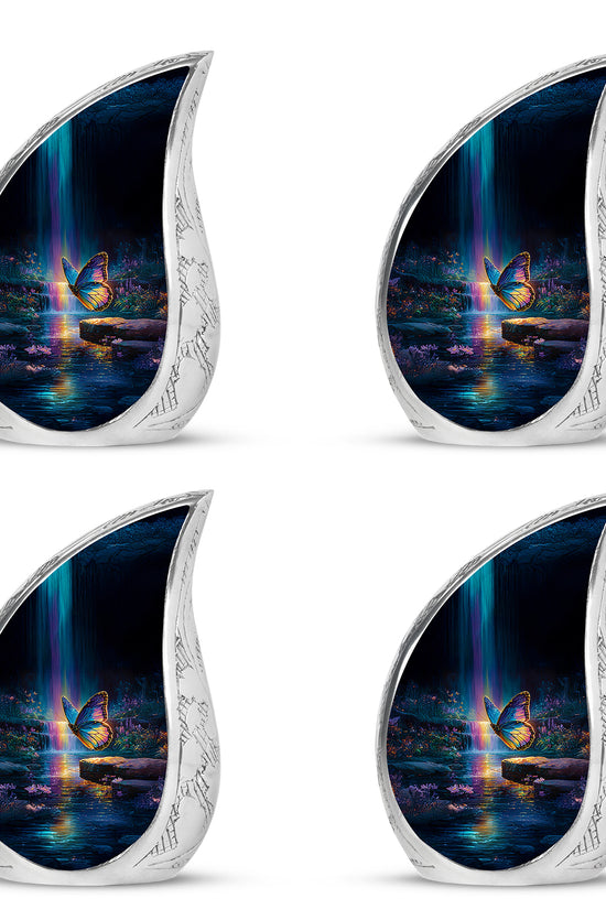 Dusty Blue Butterfly Cremation Urn close-up of engraving and surface detail - rounded teardrop butterfly design with delicate detail - 10 inch aluminum urn for cremated remains