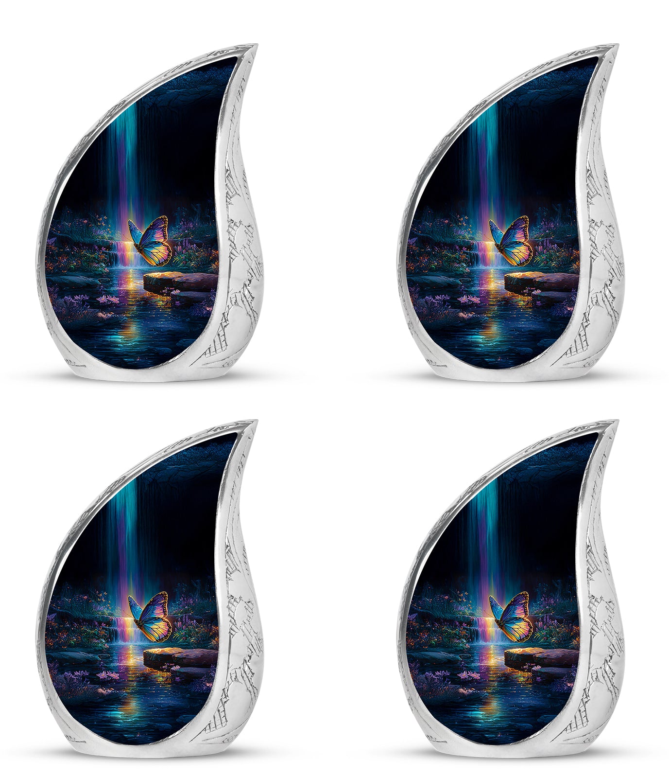 Dusty Blue Butterfly Cremation Urn close-up of engraving and surface detail - rounded teardrop butterfly design with delicate detail - 10 inch aluminum urn for cremated remains