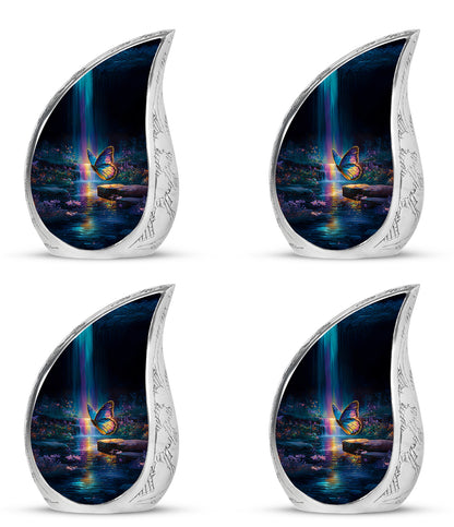 Dusty Blue Butterfly Cremation Urn close-up of engraving and surface detail - rounded teardrop butterfly design with delicate detail - 10 inch aluminum urn for cremated remains