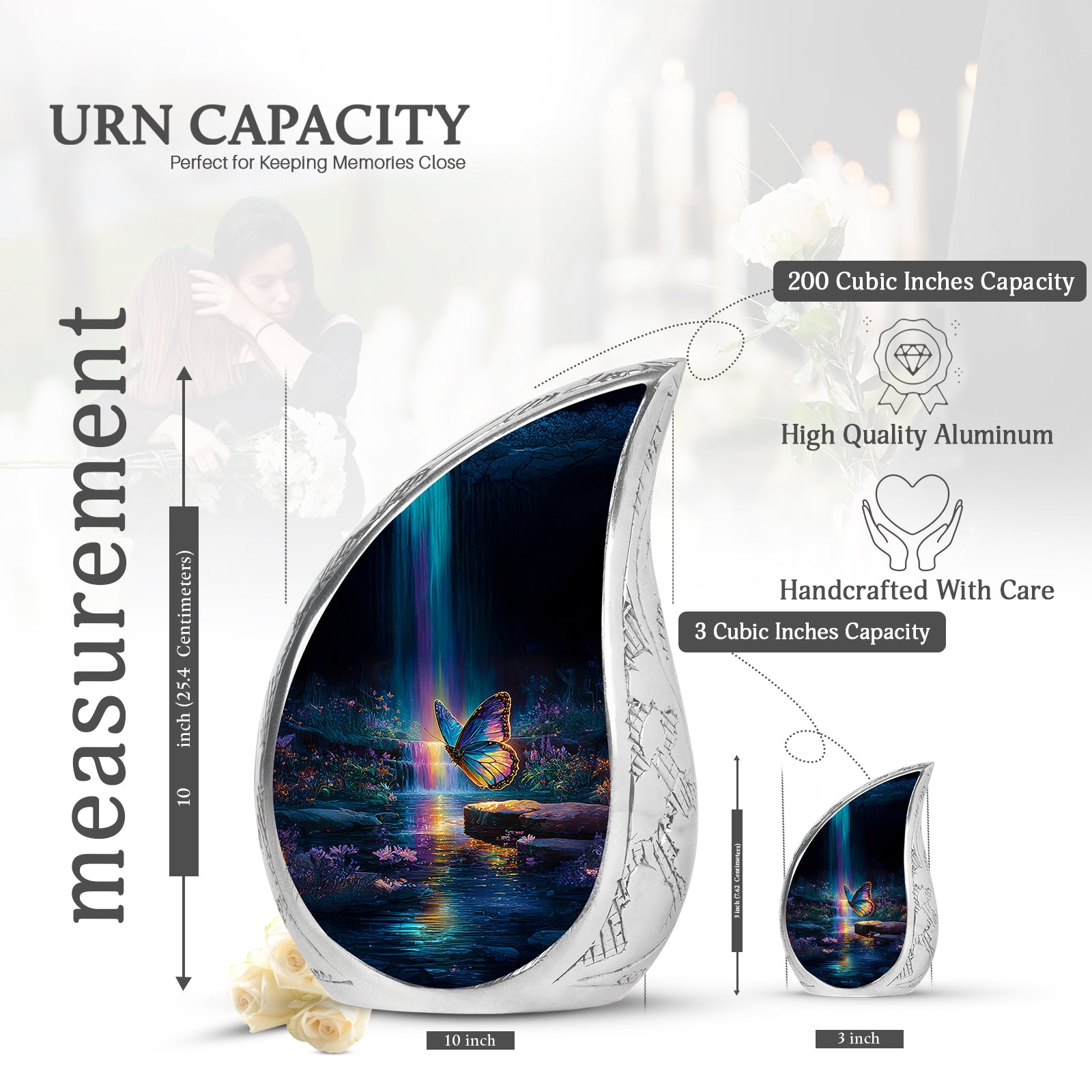 Icy Blue Butterfly Cremation Urn angled view of lid and engraved motif - rounded teardrop butterfly design with delicate detail - mini keepsake memorial for portion of cremation ashes