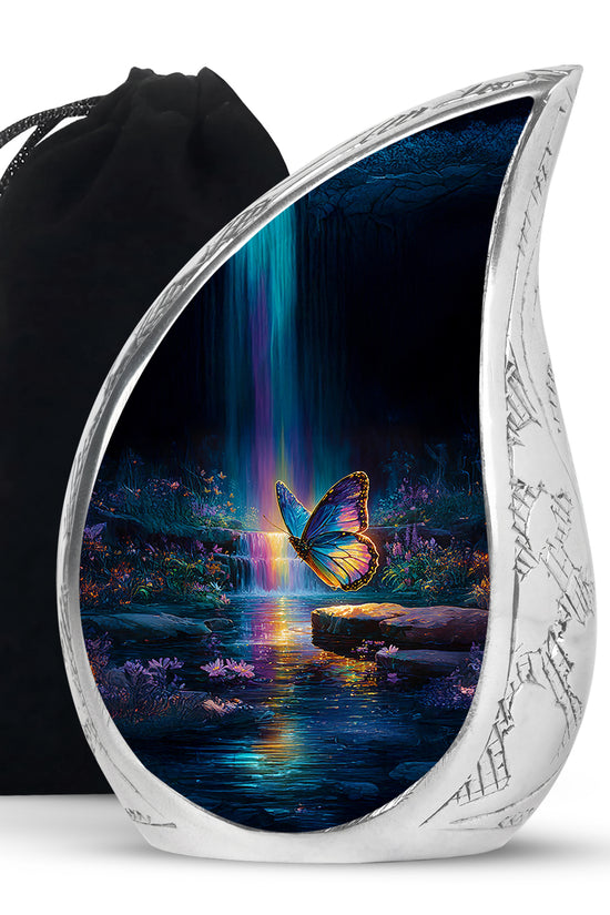 Bright Blue Butterfly Cremation Urn front view showing detailed design - graceful tear-shaped urn with butterfly motif - full-size 10 inch 200 cubic inch adult cremation urn