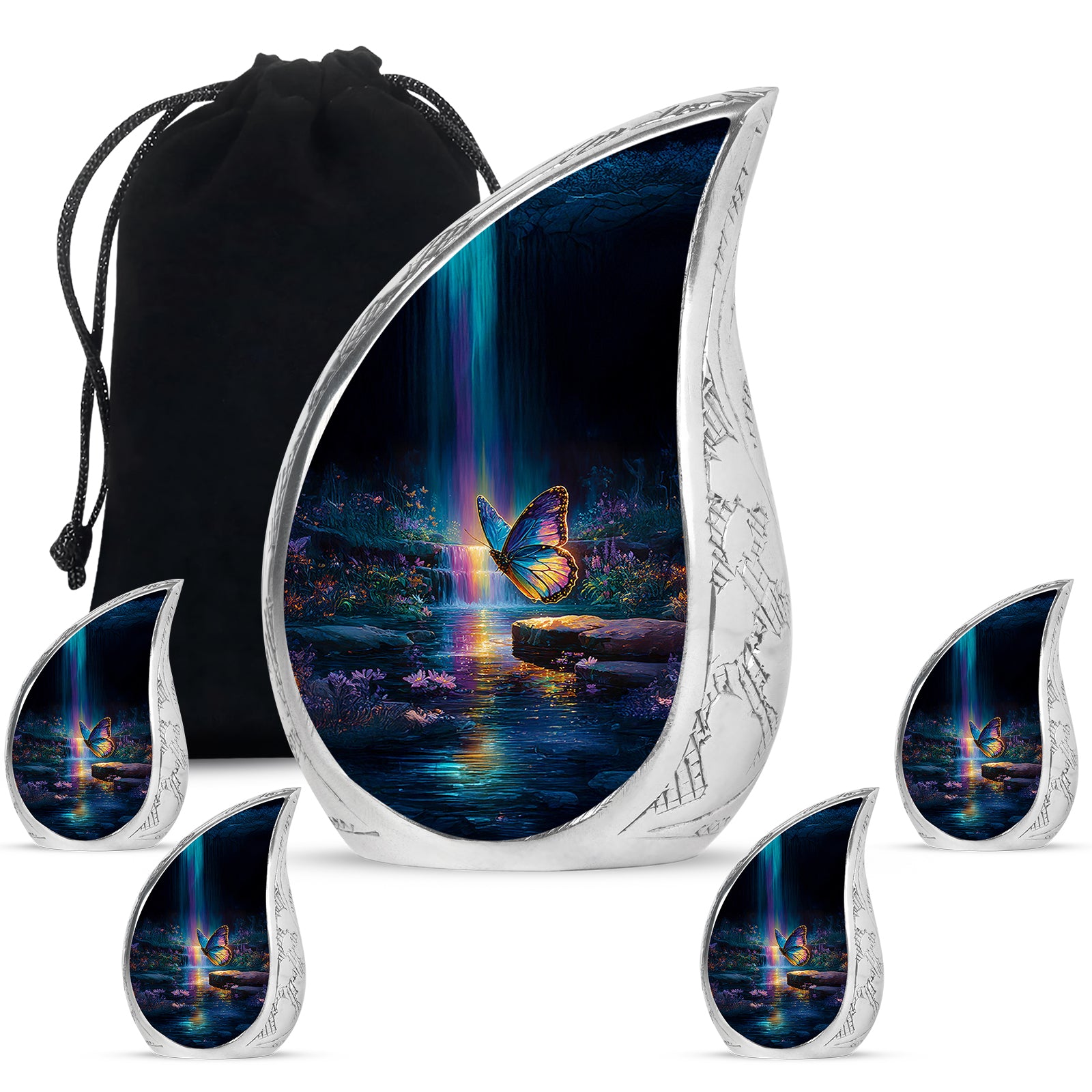 Twilight Blue Butterfly Cremation Urn side profile showing urn shape - smooth teardrop contour featuring butterfly art - memorial set with one large and four small urns