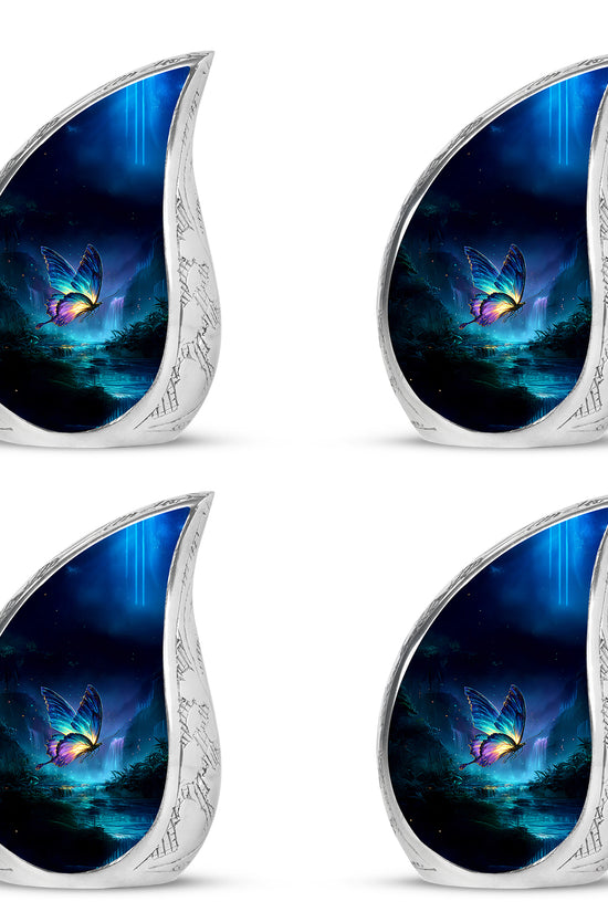 Slate Blue Butterfly Cremation Urn close-up of engraving and surface detail - flowing teardrop butterfly silhouette on curved aluminum - 10 inch aluminum urn for cremated remains