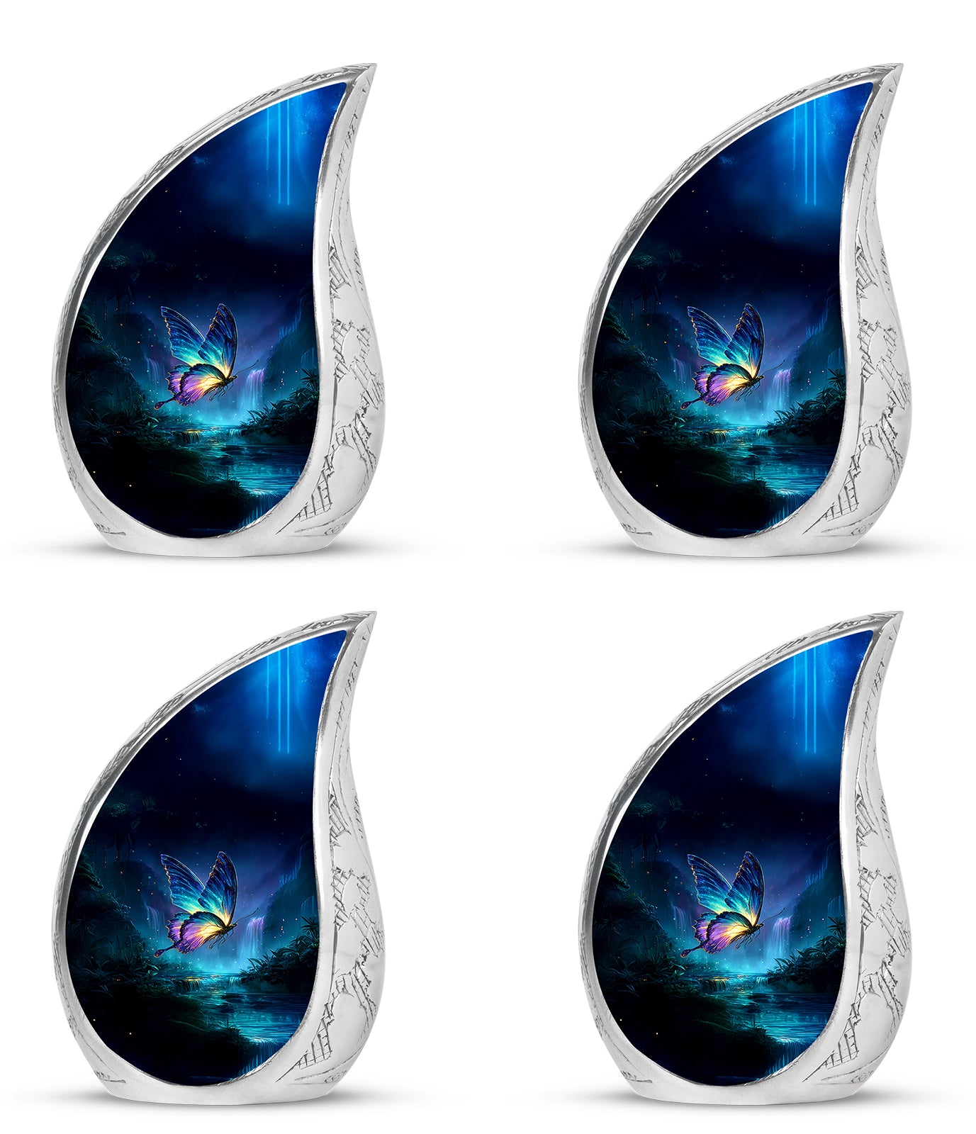 Slate Blue Butterfly Cremation Urn close-up of engraving and surface detail - flowing teardrop butterfly silhouette on curved aluminum - 10 inch aluminum urn for cremated remains
