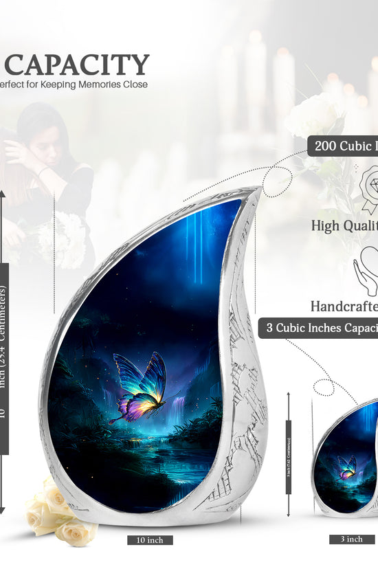 Soft Blue Butterfly Cremation Urn angled view of lid and engraved motif - smooth teardrop contour featuring butterfly art - mini keepsake memorial for portion of cremation ashes