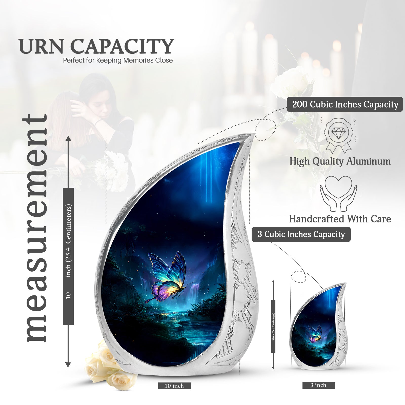 Soft Blue Butterfly Cremation Urn angled view of lid and engraved motif - smooth teardrop contour featuring butterfly art - mini keepsake memorial for portion of cremation ashes