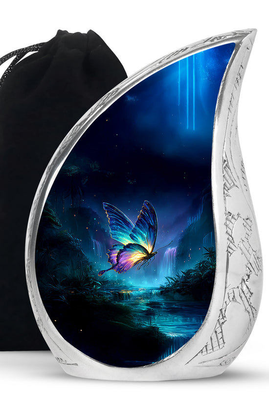 Serene Blue Butterfly Cremation Urn front view showing detailed design - graceful tear-shaped urn with butterfly motif - full-size 10 inch 200 cubic inch adult cremation urn