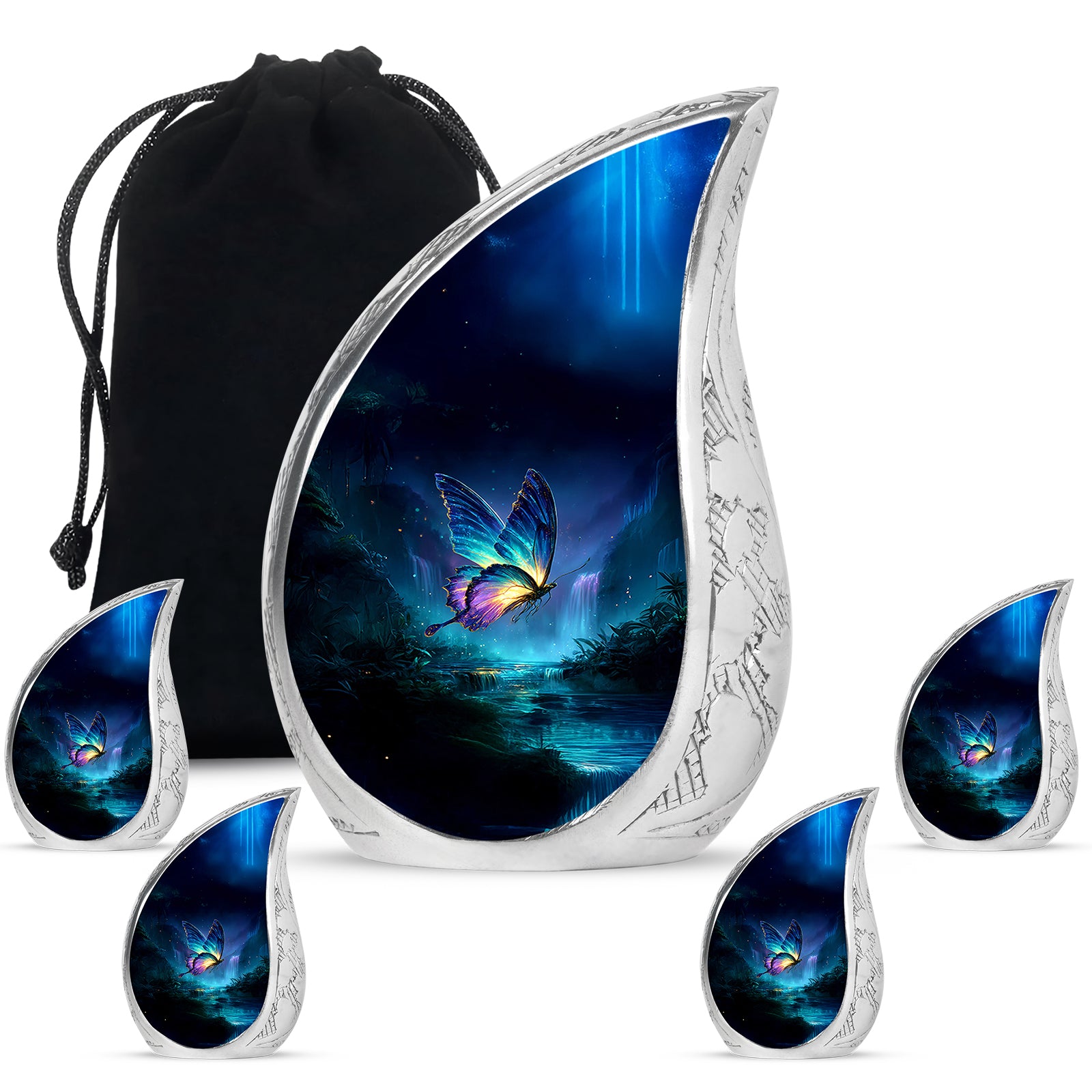 Misty Blue Butterfly Cremation Urn side profile showing urn shape - flowing teardrop butterfly silhouette on curved aluminum - memorial set with one large and four small urns
