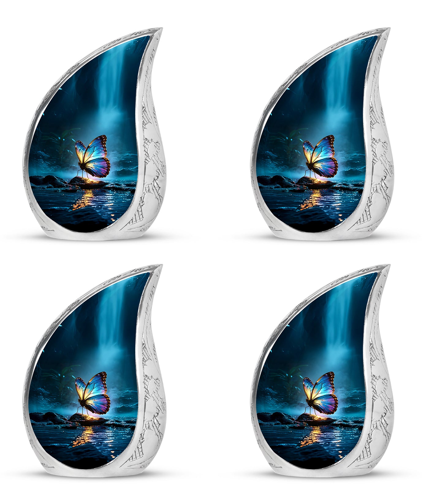 Twilight Blue Butterfly Cremation Urn close-up of engraving and surface detail - smooth teardrop contour featuring butterfly art - 10 inch aluminum urn for cremated remains