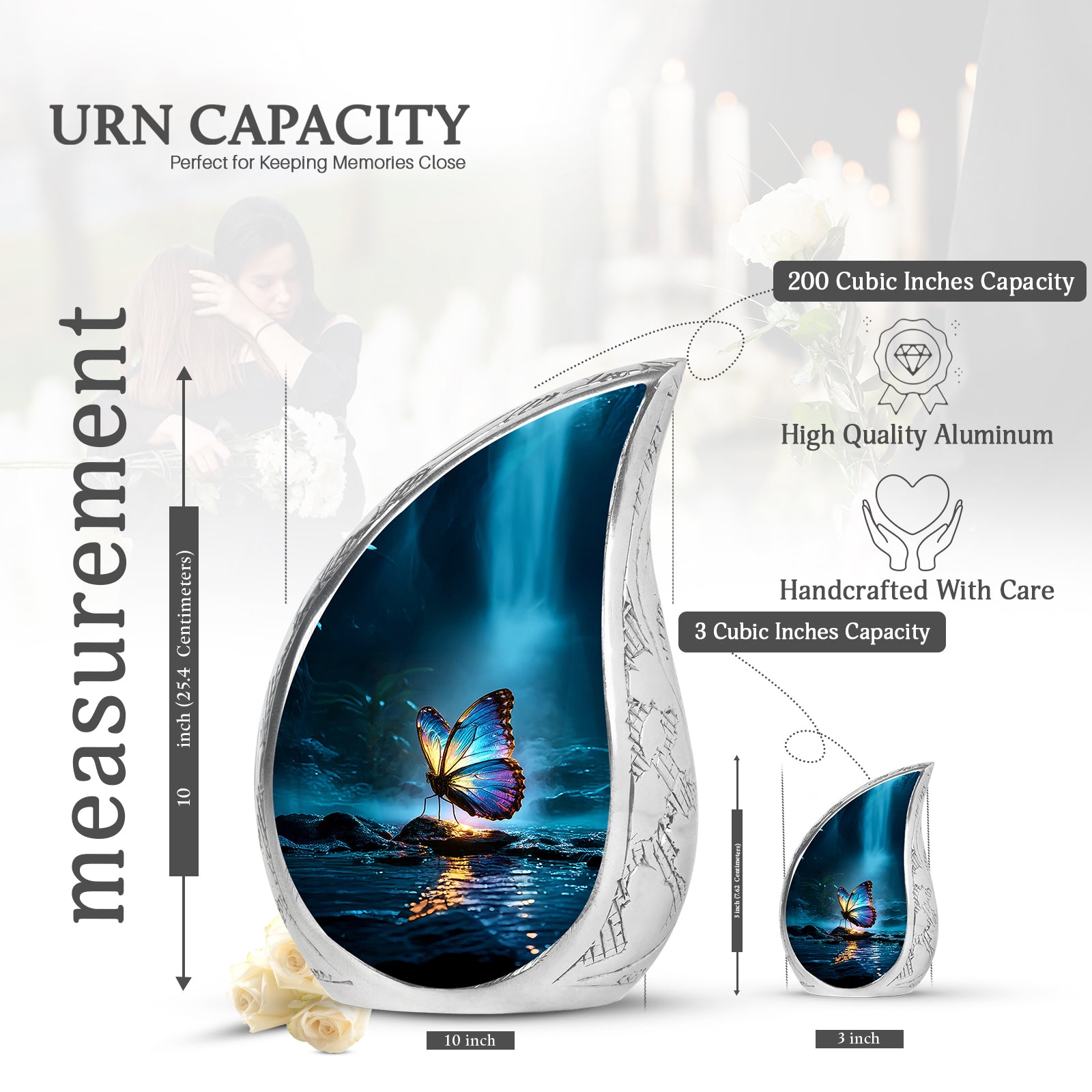 Sky Blue Butterfly Cremation Urn angled view of lid and engraved motif - flowing teardrop butterfly silhouette on curved aluminum - mini keepsake memorial for portion of cremation ashes