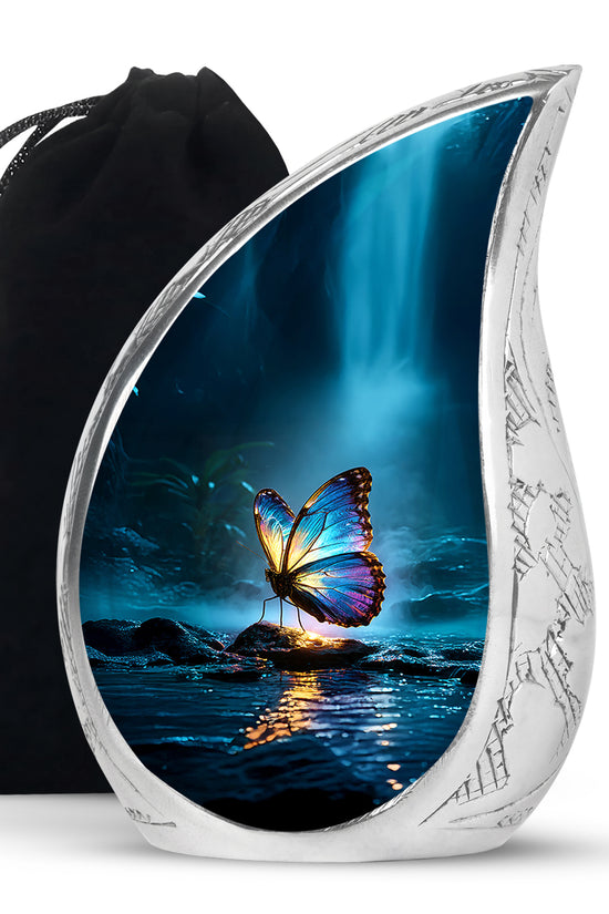 Vivid Blue Butterfly Cremation Urn front view showing detailed design - smooth teardrop contour featuring butterfly art - full-size 10 inch 200 cubic inch adult cremation urn