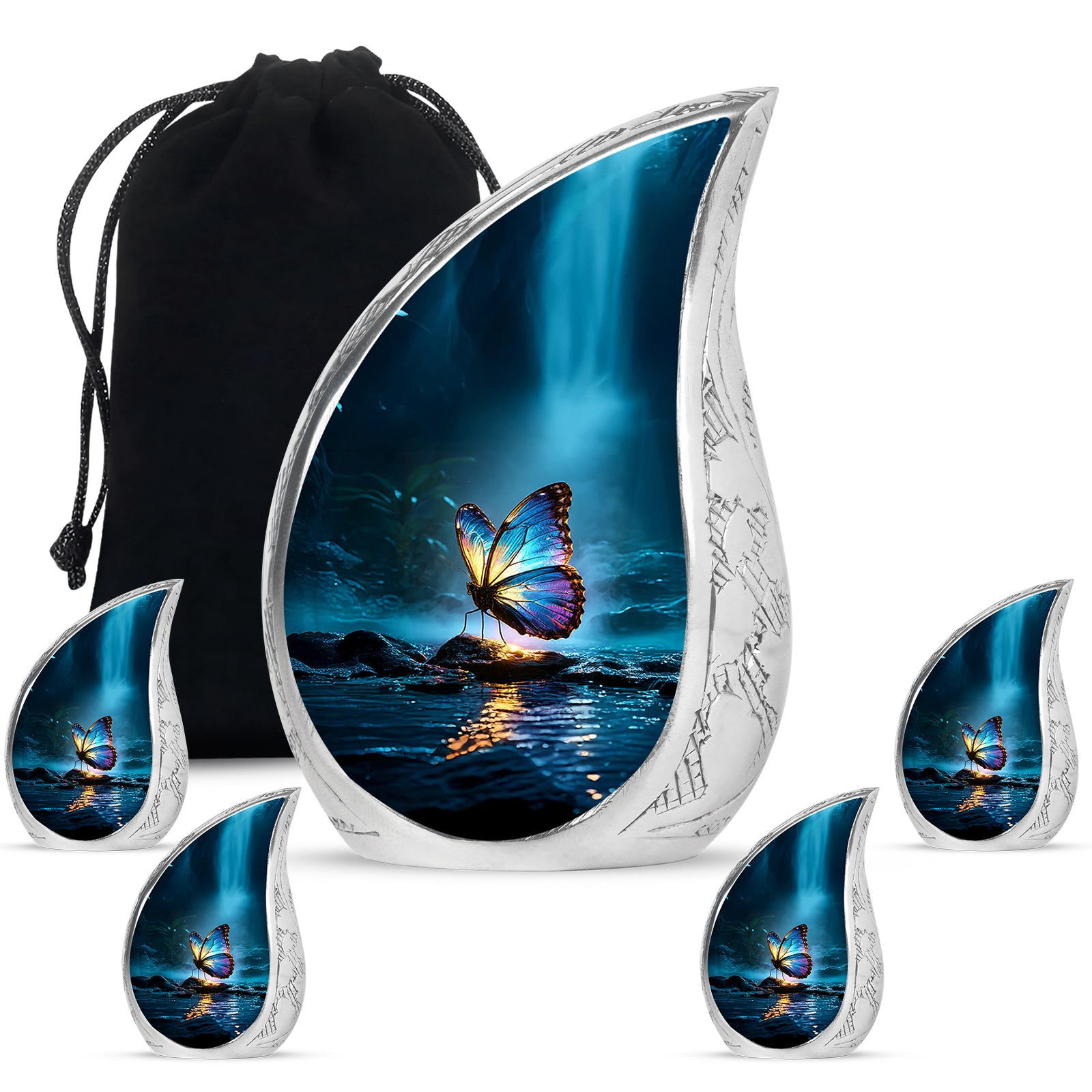 Vivid Blue Butterfly Cremation Urn side profile showing urn shape - graceful tear-shaped urn with butterfly motif - memorial set with one large and four small urns
