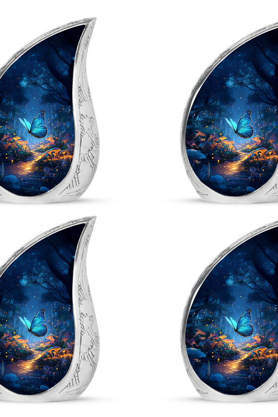 Calming Blue Butterfly Cremation Urn close-up of engraving and surface detail - graceful tear-shaped urn with butterfly motif - 10 inch aluminum urn for cremated remains