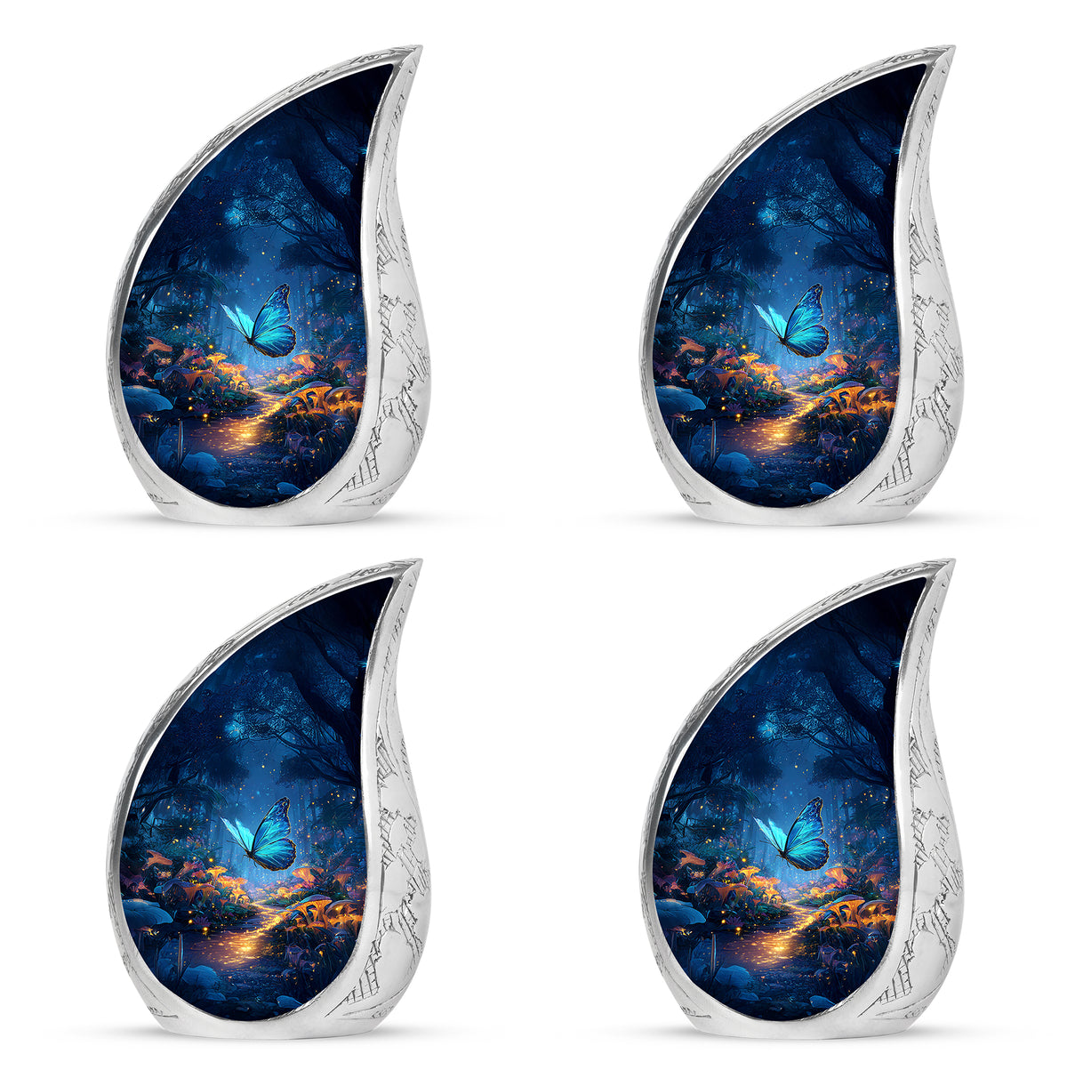 Calming Blue Butterfly Cremation Urn close-up of engraving and surface detail - graceful tear-shaped urn with butterfly motif - 10 inch aluminum urn for cremated remains